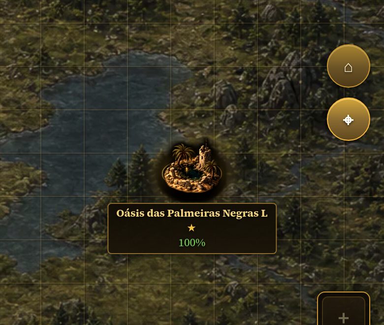 Marcador de um oásis no mapa do mundo, com o nome, uma estrela de tier e a guarnição em 100%