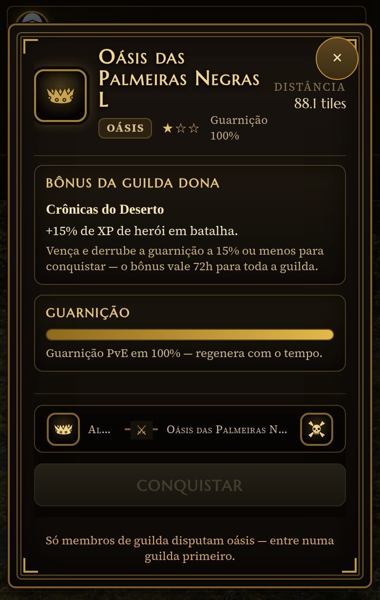 Painel de um oásis no mapa mostrando o bônus da guilda dona, a barra de guarnição e o botão de conquistar