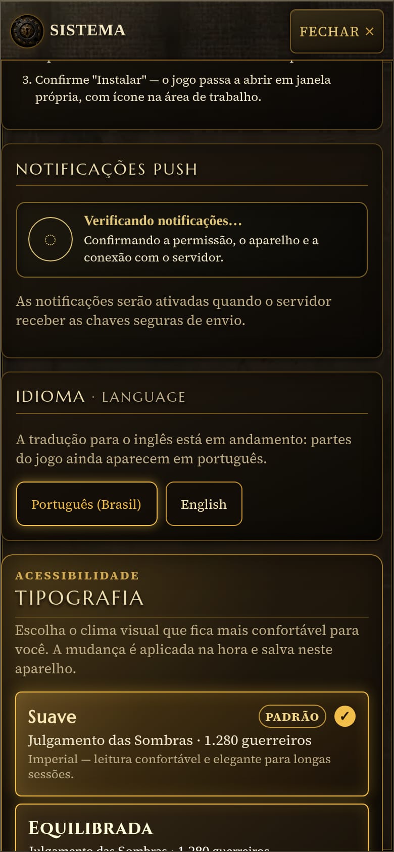 Janela Sistema no celular com a seção Idioma · Language, o aviso de que a tradução para o inglês está em andamento e partes do jogo ainda aparecem em português, e os botões Português (Brasil) e English