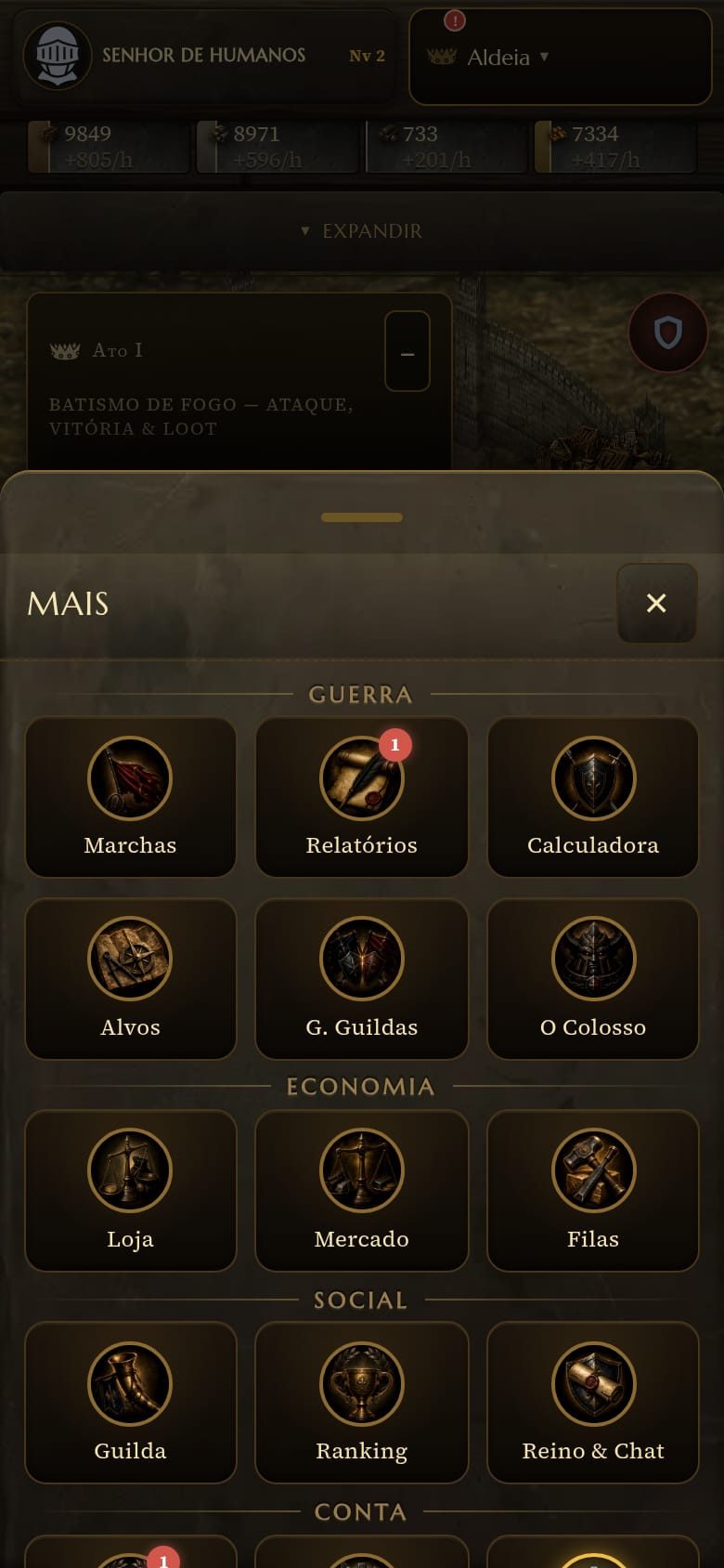 Menu Mais aberto no celular, dividido nas seções Guerra (Marchas, Relatórios, Calculadora, Alvos, G. Guildas e O Colosso), Economia (Loja, Mercado e Filas), Social (Guilda, Ranking e Reino & Chat) e Conta