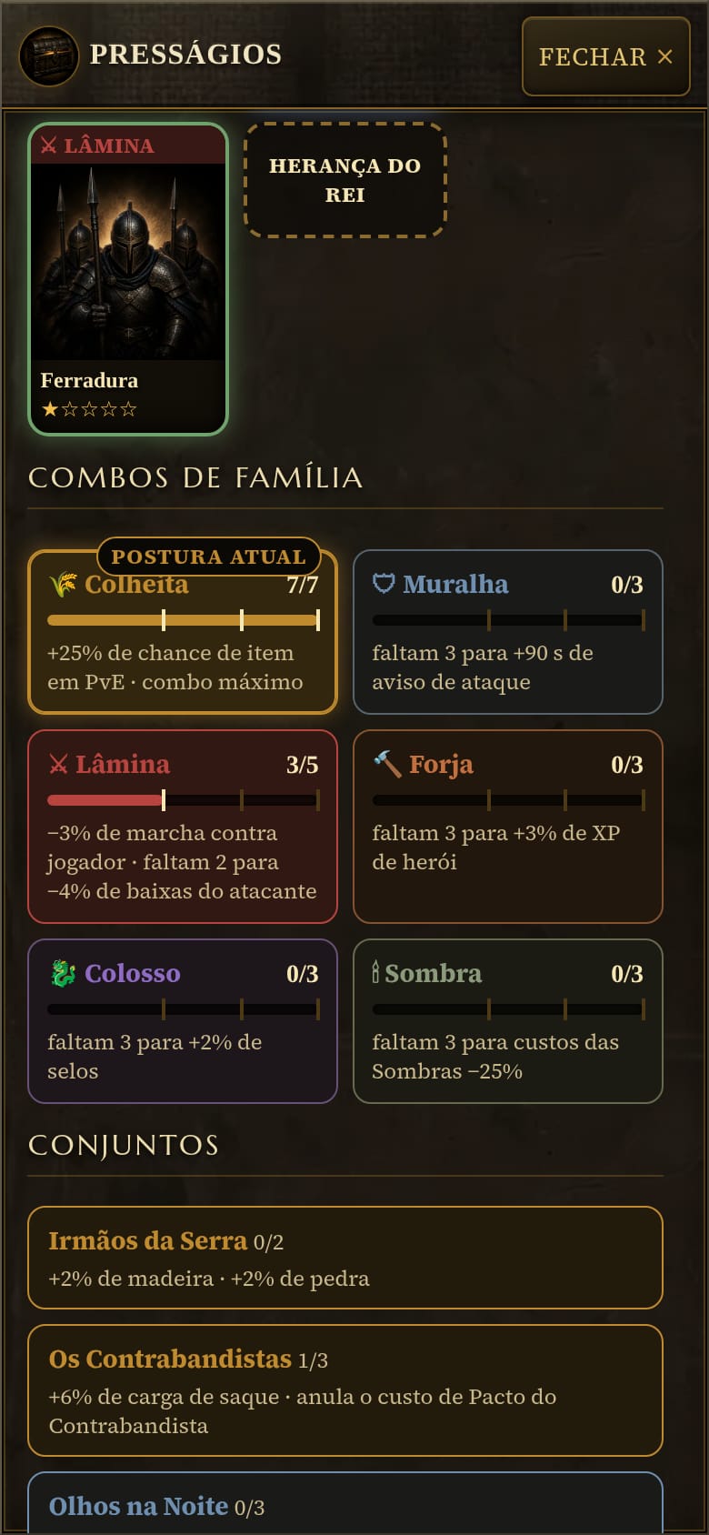 Quadro Combos de família na Mesa: Colheita 7 de 7 com o selo Postura atual e combo máximo, Lâmina 3 de 5 faltando 2 para o próximo efeito, Muralha, Forja, Colosso e Sombra ainda em 0, e abaixo a lista de conjuntos com Irmãos da Serra e Os Contrabandistas