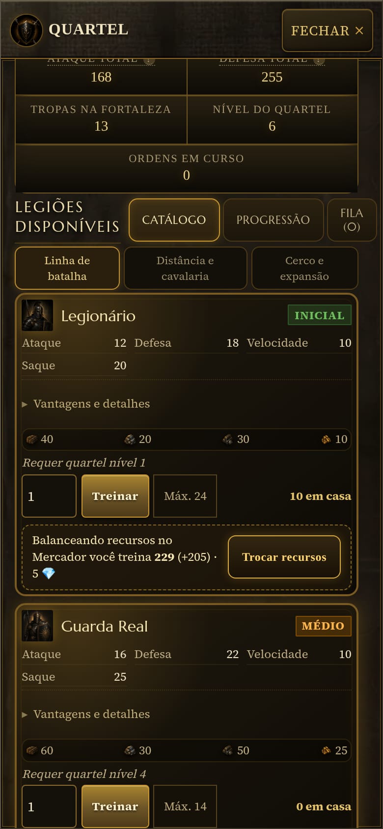 Card do Legionário no Quartel no celular: custo de 40 de madeira, 20 de pedra, 30 de ferro e 10 de ouro, máximo de 24 para treinar, e a oferta Balanceando recursos no Mercador você treina 229, 205 a mais, por 5 de cash, com o botão Trocar recursos