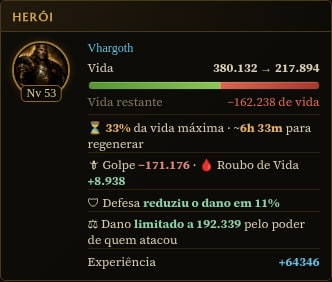Bloco do herói defensor no relatório de defesa, no celular: Vhargoth nível 53 indo de 380.132 para 217.894 de vida, 33% da vida máxima e cerca de 6h 33m para regenerar, a linha Golpe −171.176 e Roubo de Vida +8.938, a defesa reduzindo o dano em 11%, o dano limitado a 192.339 pelo poder de quem atacou e a experiência ganha
