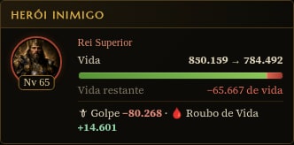Bloco Herói inimigo no mesmo relatório: Rei Superior nível 65 indo de 850.159 para 784.492 de vida, com a linha Golpe −80.268 e Roubo de Vida +14.601