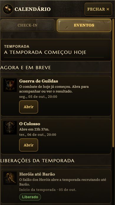 Janela do Calendário no celular, aba Eventos: cartão da temporada no topo, a seção Agora e em breve com a Guerra de Guildas e o Colosso, cada um com dia, hora e botão Abrir, e a seção Liberações da temporada começando por Heróis até Barão, marcado como Liberado