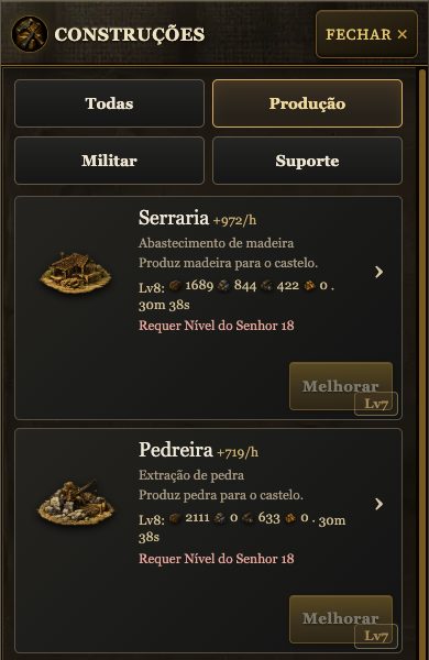 Lista de construções no celular, aba Produção: Serraria e Pedreira no nível 7, cada uma com o custo do nível 8, a linha Requer Nível do Senhor 18 em vermelho e o botão Melhorar desativado