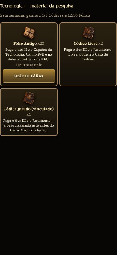 Aba Consumíveis do Arsenal com os cards do Fólio Antigo (23 unidades e o botão Unir 10 Fólios), do Códice Livre e do Códice Jurado (vinculado), e a linha do que foi ganho na semana