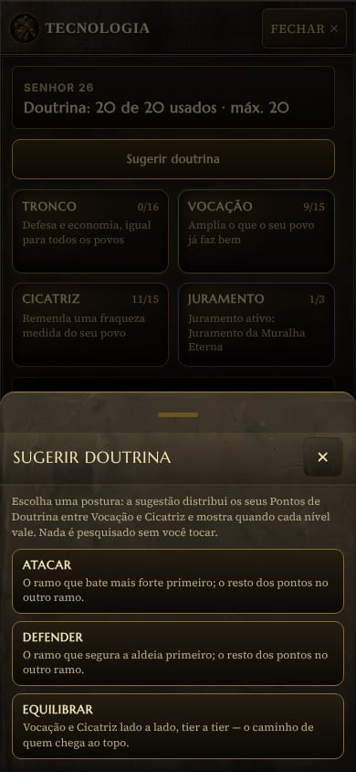Folha Sugerir doutrina aberta sobre a tela da Tecnologia, com as três posturas: Atacar, Defender e Equilibrar