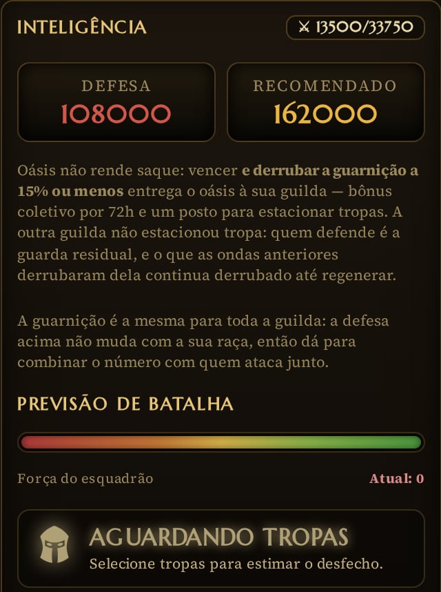 Prévia de ataque contra um oásis de outra guilda sem tropa, com a defesa da guarda residual e a previsão de batalha visíveis