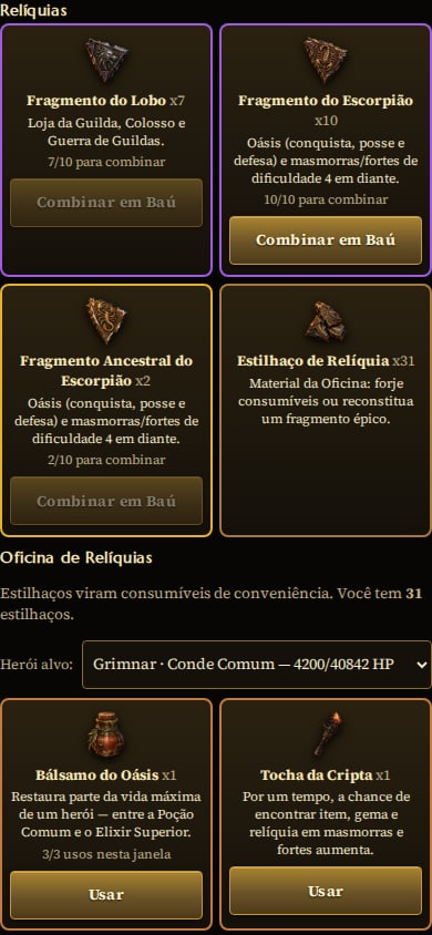 Bloco Relíquias da aba Consumíveis no celular, com quatro cards: Fragmento do Lobo em 7 de 10, Fragmento do Escorpião em 10 de 10 com o botão Combinar em Baú ativo, Fragmento Ancestral do Escorpião em 2 de 10 e 31 Estilhaços de Relíquia