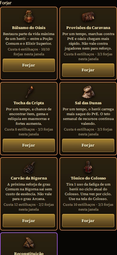 Bloco Forjar da Oficina de Relíquias no celular, com as seis receitas em dois por linha: Bálsamo do Oásis, Provisões da Caravana, Tocha da Cripta, Sal das Dunas, Carvão da Bigorna e Tônico do Colosso, cada uma com o custo em estilhaços, as forjas restantes na semana e o botão Forjar