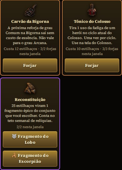Cards Carvão da Bigorna, Tônico do Colosso e Reconstituição na Oficina, o último com dois botões, Fragmento do Lobo e Fragmento do Escorpião, e o texto 25 estilhaços viram 1 fragmento épico do conjunto que você escolher