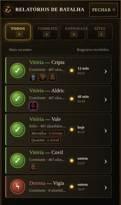 Lista de relatórios de batalha no celular: a vitória em Cripta mostra os selos de um elmo, um fragmento e um estilhaço, a vitória em Aldric mostra uma gema, o sítio em Vale mostra Muralha menos 2 níveis e Quartel menos 1 nível, a vitória em Covil mostra um estilhaço e a derrota em Vigia não mostra selo nenhum