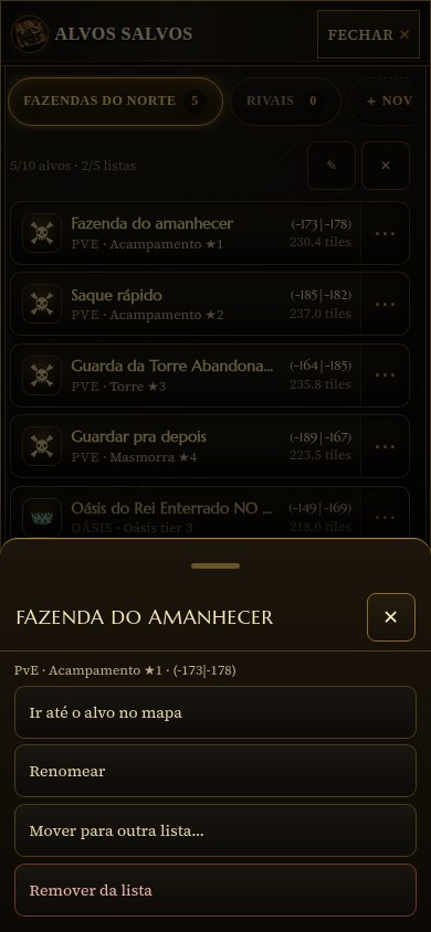 Folha de ações do alvo Fazenda do amanhecer aberta sobre a lista, com a legenda PvE, acampamento de uma estrela e a coordenada, e quatro opções: Ir até o alvo no mapa, Renomear, Mover para outra lista e Remover da lista