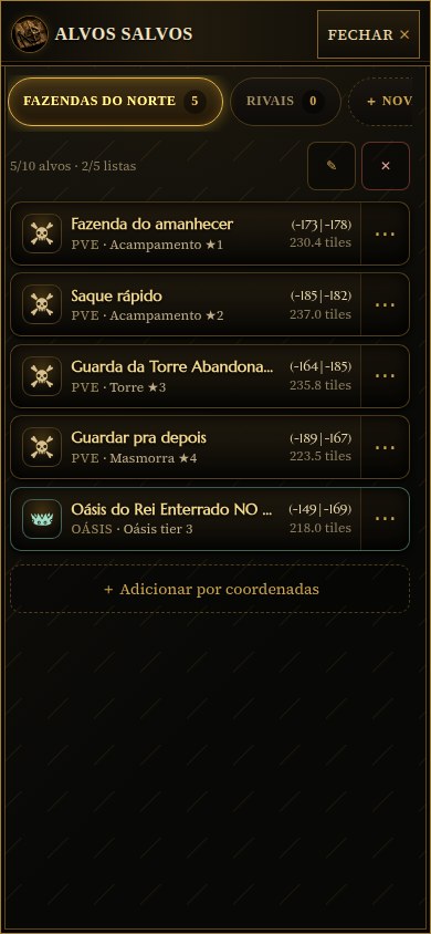 Janela Alvos Salvos no celular, com as abas Fazendas do norte com 5 alvos e Rivais com 0, o contador 5 de 10 alvos e 2 de 5 listas, e cinco linhas: Fazenda do amanhecer em acampamento de uma estrela a 230,4 tiles, Saque rápido em acampamento de duas estrelas a 237,0 tiles, Guarda da Torre Abandonada em torre de três estrelas, Guardar pra depois em masmorra de quatro estrelas e Oásis do Rei Enterrado, cada linha com coordenada, distância e um botão de ações