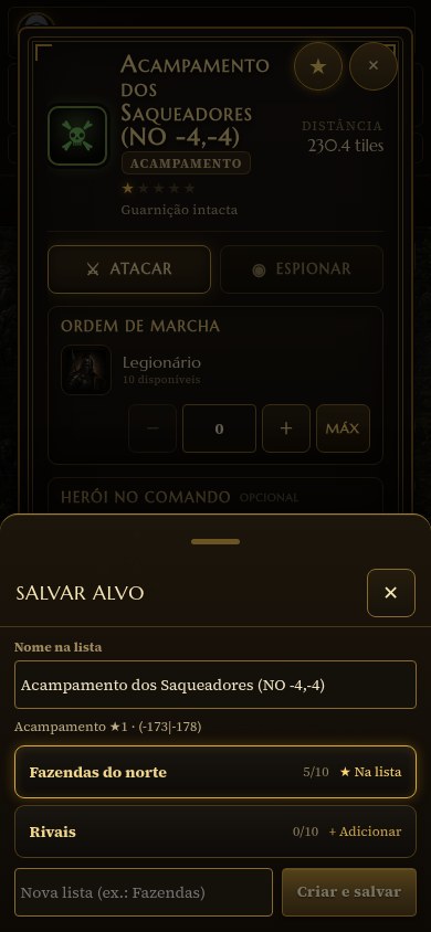 Painel do Acampamento dos Saqueadores no celular com a estrela dourada preenchida ao lado do botão de fechar, e a folha Salvar alvo aberta por cima, com o campo Nome na lista preenchido, a linha Fazendas do norte marcada como 5 de 10 e Na lista, a linha Rivais como 0 de 10 e Adicionar, e o campo de criar nova lista