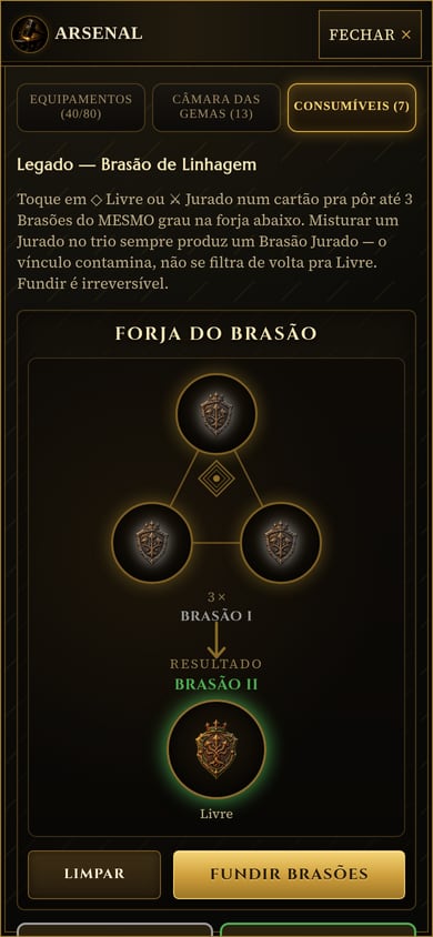 Forja do Brasão no celular com três Brasões de Linhagem I nos slots e o resultado Brasão de Linhagem II, marcado como Livre, com o botão Fundir Brasões aceso
