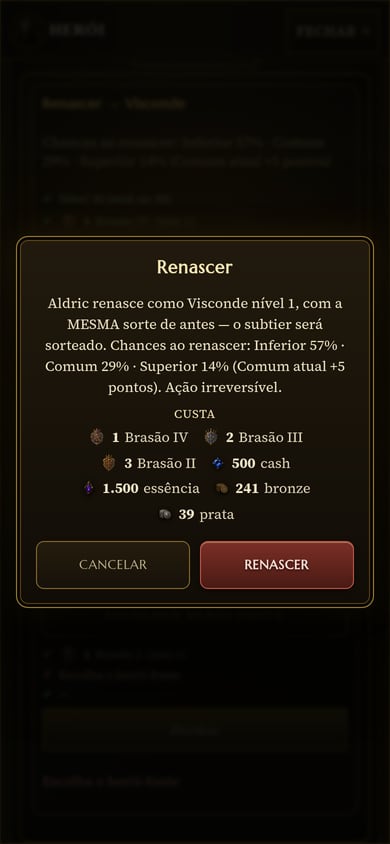 Diálogo de confirmação do Renascer: Aldric renasce como Visconde nível 1, as chances de subtier e, abaixo de Custa, cada item com ícone: três Brasões, cash, essência, bronze e prata