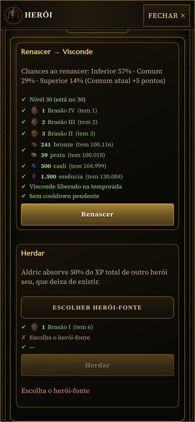 Seção Legado da ficha do herói com o cartão Renascer para Visconde: as chances ao renascer, a lista de requisitos com o ícone de cada item (Brasão IV, III e II, bronze, prata, cash e essência) e o botão Renascer aceso