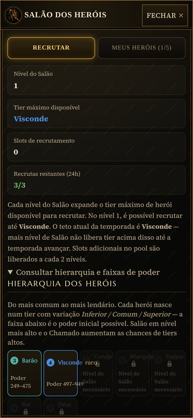 Salão dos Heróis no celular com a hierarquia aberta: Barão com poder de 249 a 475, Visconde marcado como raro com poder de 497 a 949, e Conde, Marquês, Duque, Rei e Deus ainda trancados por nível de Salão