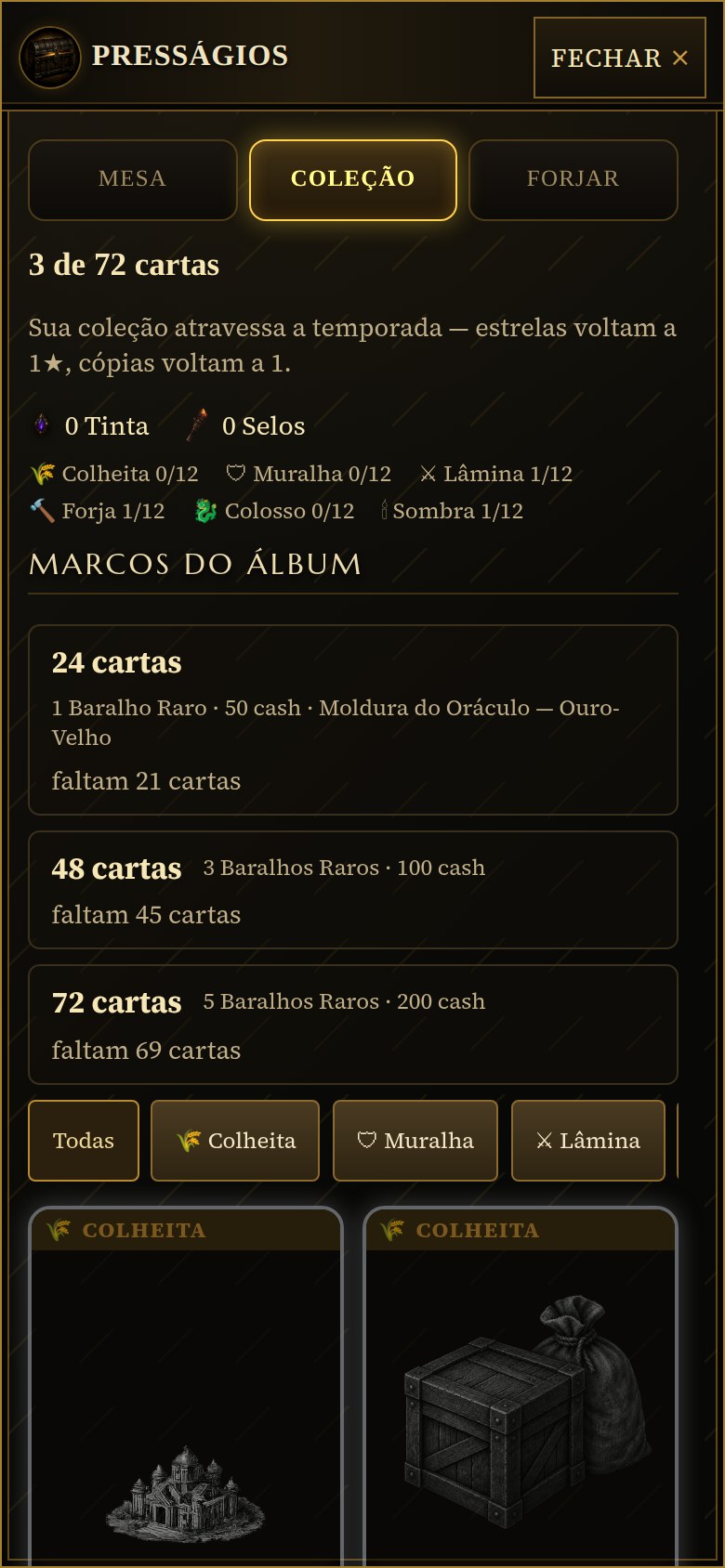 Aba Coleção de Presságios: 3 de 72 cartas, o aviso de que a coleção atravessa a temporada com estrelas e cópias voltando a 1, contadores de Tinta e Selos, o progresso por família, os marcos do álbum de 24, 48 e 72 cartas e o filtro por família